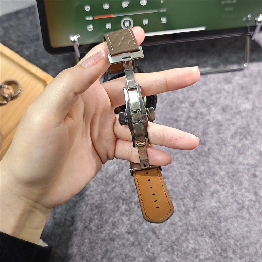 For Samsung Galaxy Watch7 44mm 40mm / Watch FE 40mm Universal 20mm Rhombus Texture Genuine Cowhide Leather Watch Strap - Tan - 5