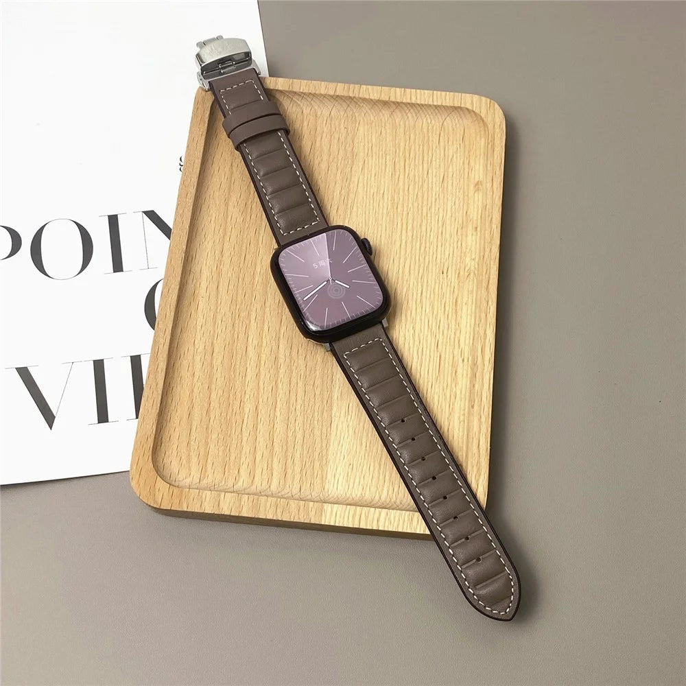 Genuine Cowhide Leather Strap for Apple Watch Ultra 3 2 1 49mm / Series 11 10 46mm / 9 8 7 45mm / SE3 SE2 SE 6 5 4 44mm / 3 2 1 42mm - Tan - 2