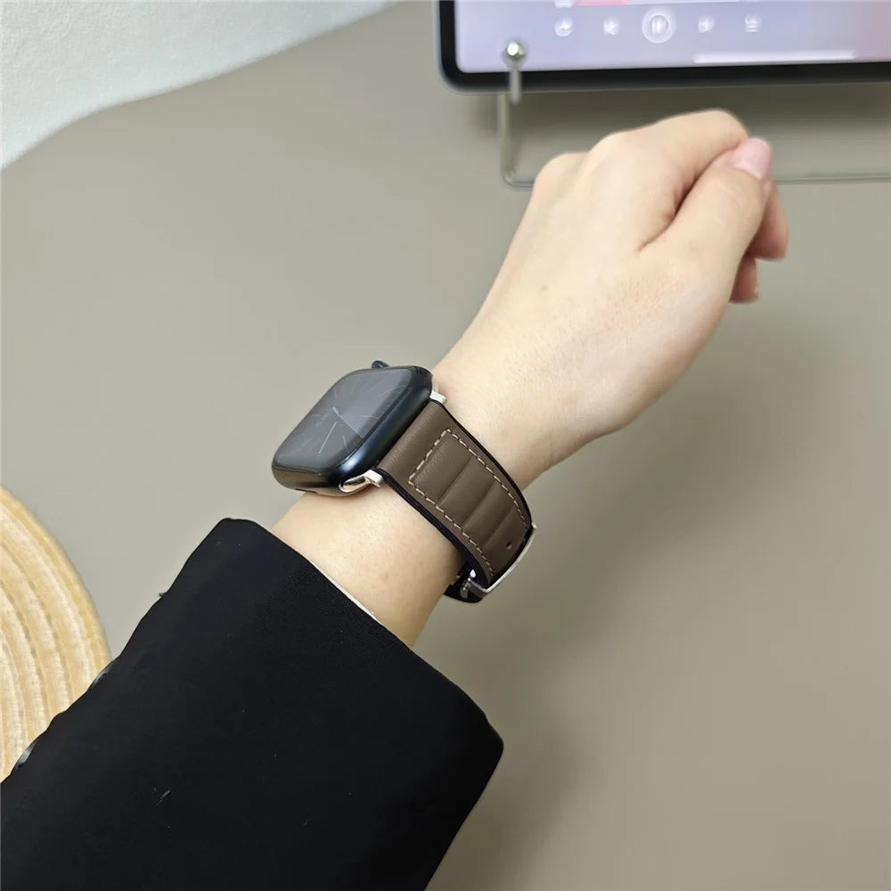 Genuine Cowhide Leather Strap for Apple Watch Ultra 3 2 1 49mm / Series 11 10 46mm / 9 8 7 45mm / SE3 SE2 SE 6 5 4 44mm / 3 2 1 42mm - Tan - 4