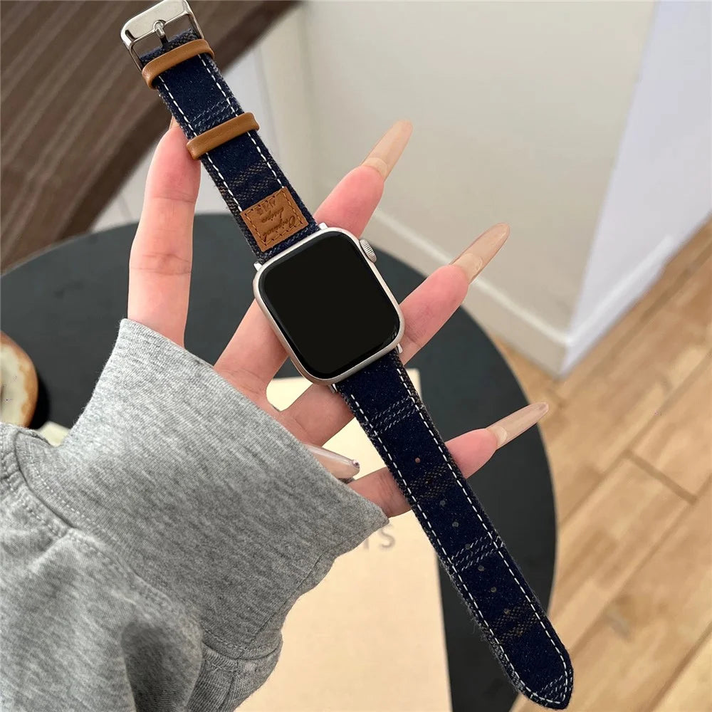 Wool + Leather Strap for Apple Watch Ultra 3 2 1 49mm / Series 11 10 46mm / 9 8 7 45mm / SE3 SE2 SE 6 5 4 44mm / 3 2 1 42mm - Blue - 3