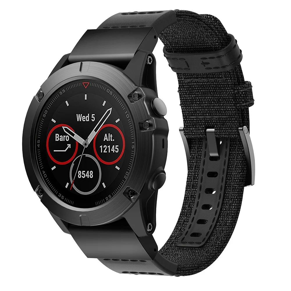Canvas + Genuine Leather Watch Band Nylon Watch Strap for Garmin Fenix 5 Plus / Fenix 3 - Black - 2