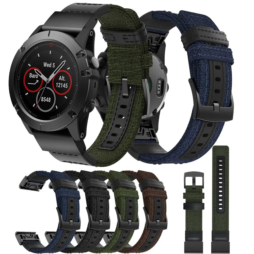 Canvas + Genuine Leather Watch Band Nylon Watch Strap for Garmin Fenix 5 Plus / Fenix 3 - Black - 5