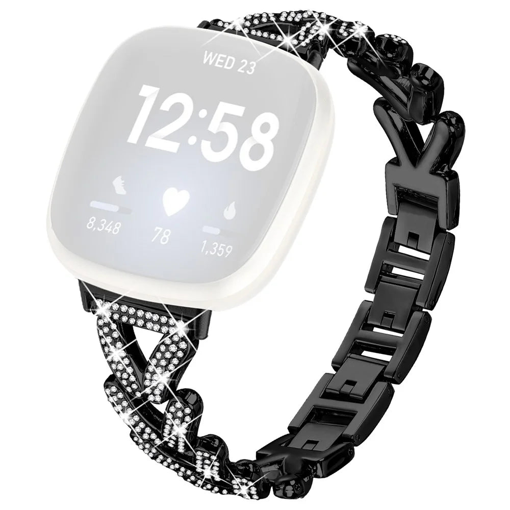 Zinc Alloy Twisted Watch Band Rhinestone Decor for Fitbit Versa 4  /  Fitbit Sense 2 Watch Strap - Black - 1