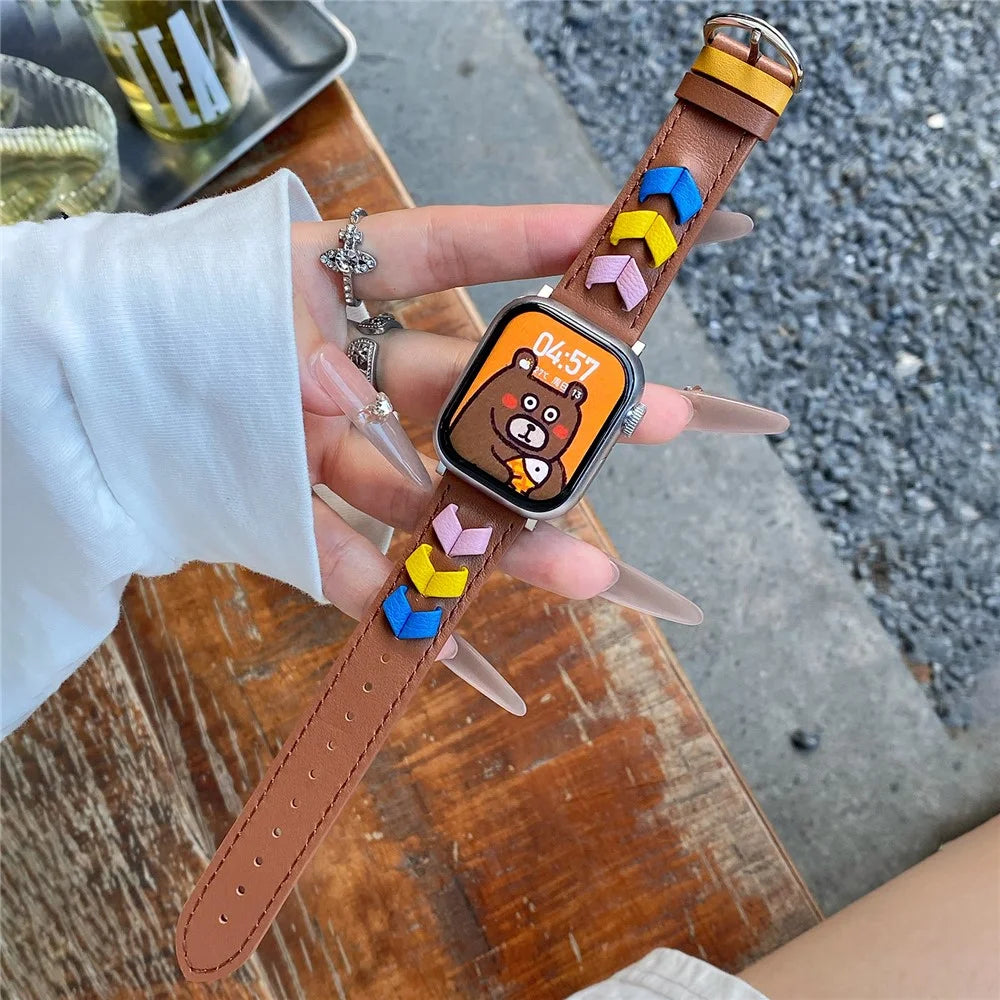 Heart Cowhide Leather Strap for Apple Watch Ultra 3 2 1 49mm / Series 11 10 46mm / 9 8 7 45mm / SE3 SE2 SE 6 5 4 44mm / 3 2 1 42mm - Brown+Multi-Color - 2