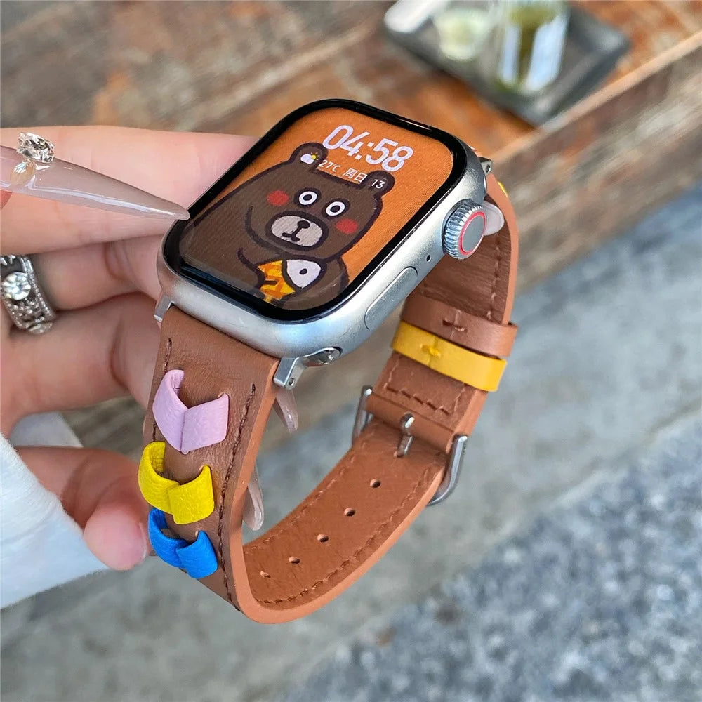 Heart Cowhide Leather Strap for Apple Watch Ultra 3 2 1 49mm / Series 11 10 46mm / 9 8 7 45mm / SE3 SE2 SE 6 5 4 44mm / 3 2 1 42mm - Brown+Multi-Color - 3