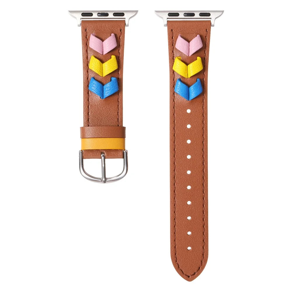 Heart Cowhide Leather Strap for Apple Watch Series 11 10 42mm / 9 8 7 41mm / SE3 SE2 SE 6 5 4 40mm / 3 2 1 38mm - Brown+Multi-Color - 1