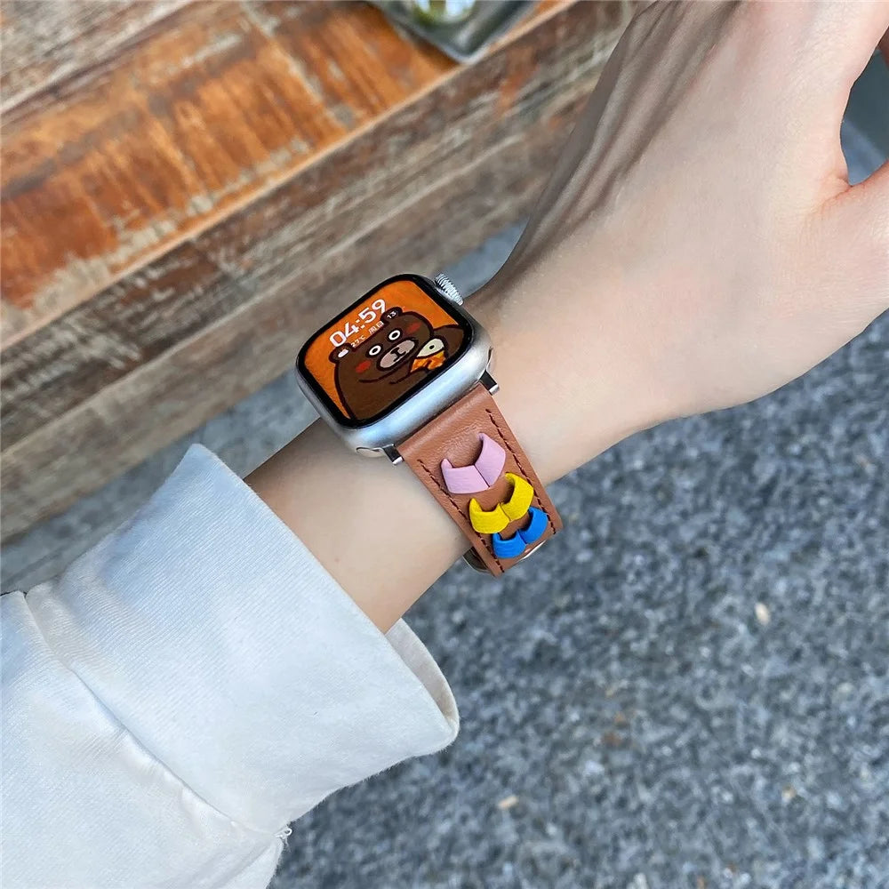 Heart Cowhide Leather Strap for Apple Watch Series 11 10 42mm / 9 8 7 41mm / SE3 SE2 SE 6 5 4 40mm / 3 2 1 38mm - Brown+Multi-Color - 4