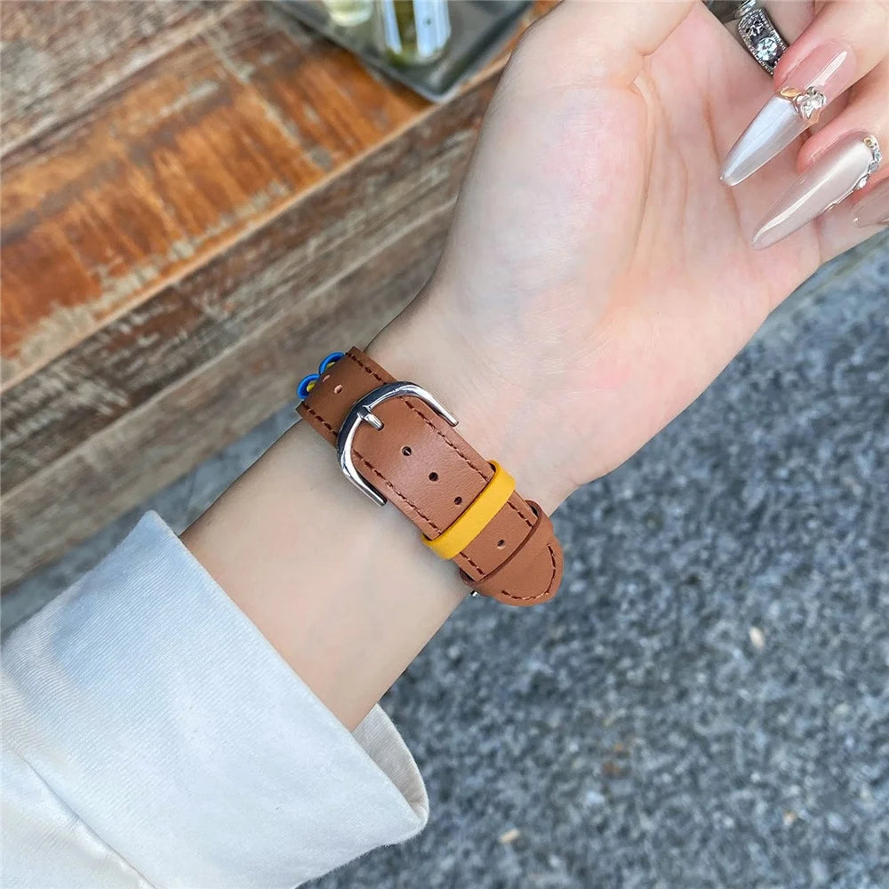 Heart Cowhide Leather Strap for Apple Watch Series 11 10 42mm / 9 8 7 41mm / SE3 SE2 SE 6 5 4 40mm / 3 2 1 38mm - Brown+Multi-Color - 5
