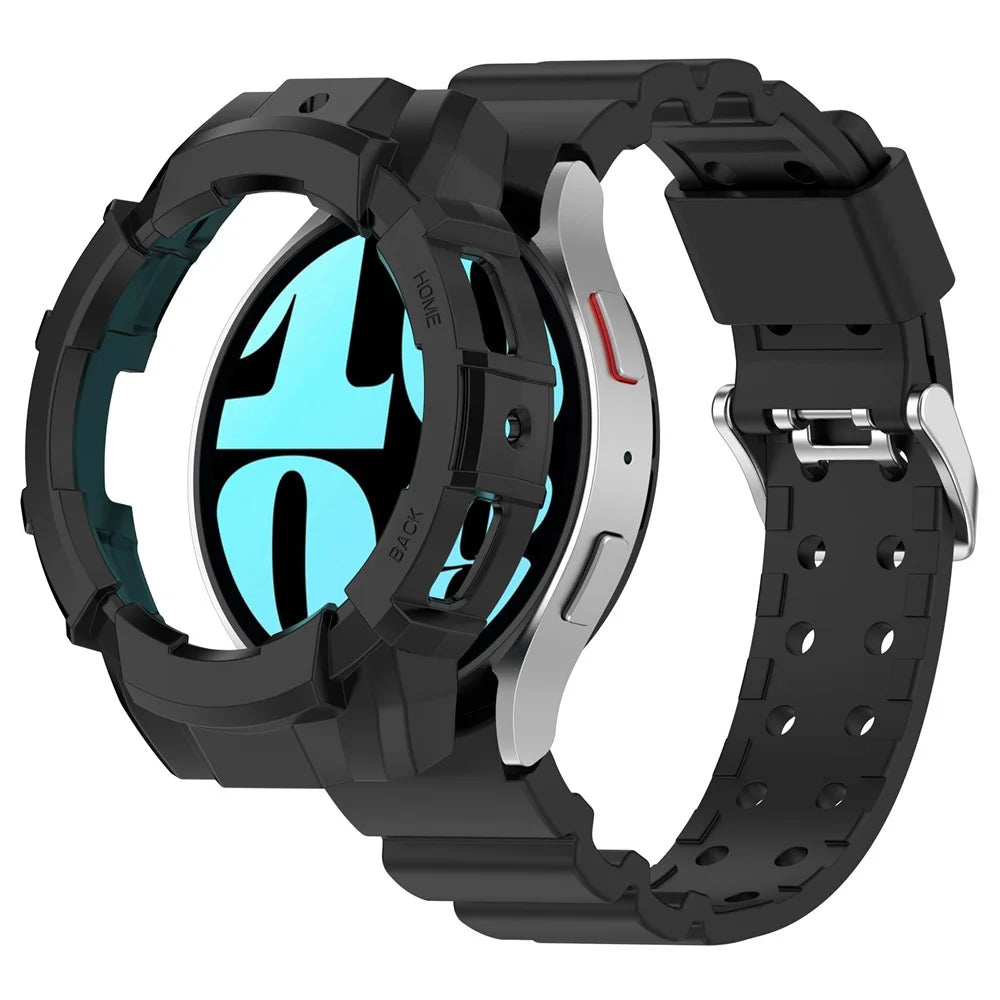 For Samsung Galaxy Watch7 44mm Watch Band Silicone Strap Replacement with Watch Case - Black - 1