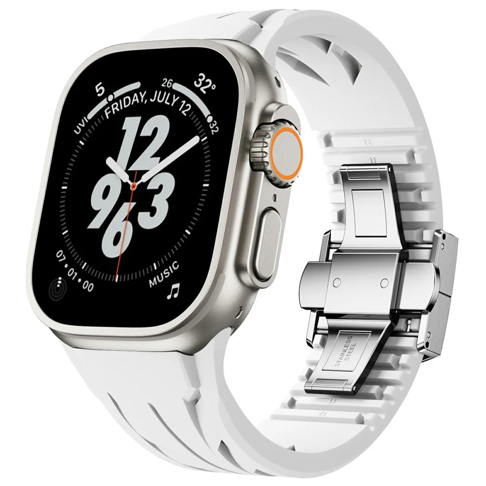 Silicone Band for Apple Watch Ultra 3 2 1 49mm / Series 11 10 46mm / 9 8 7 45mm / SE3 SE2 SE 6 5 4 44mm / 3 2 1 42mm Butterfly Clasp Wrist Strap - White - 2