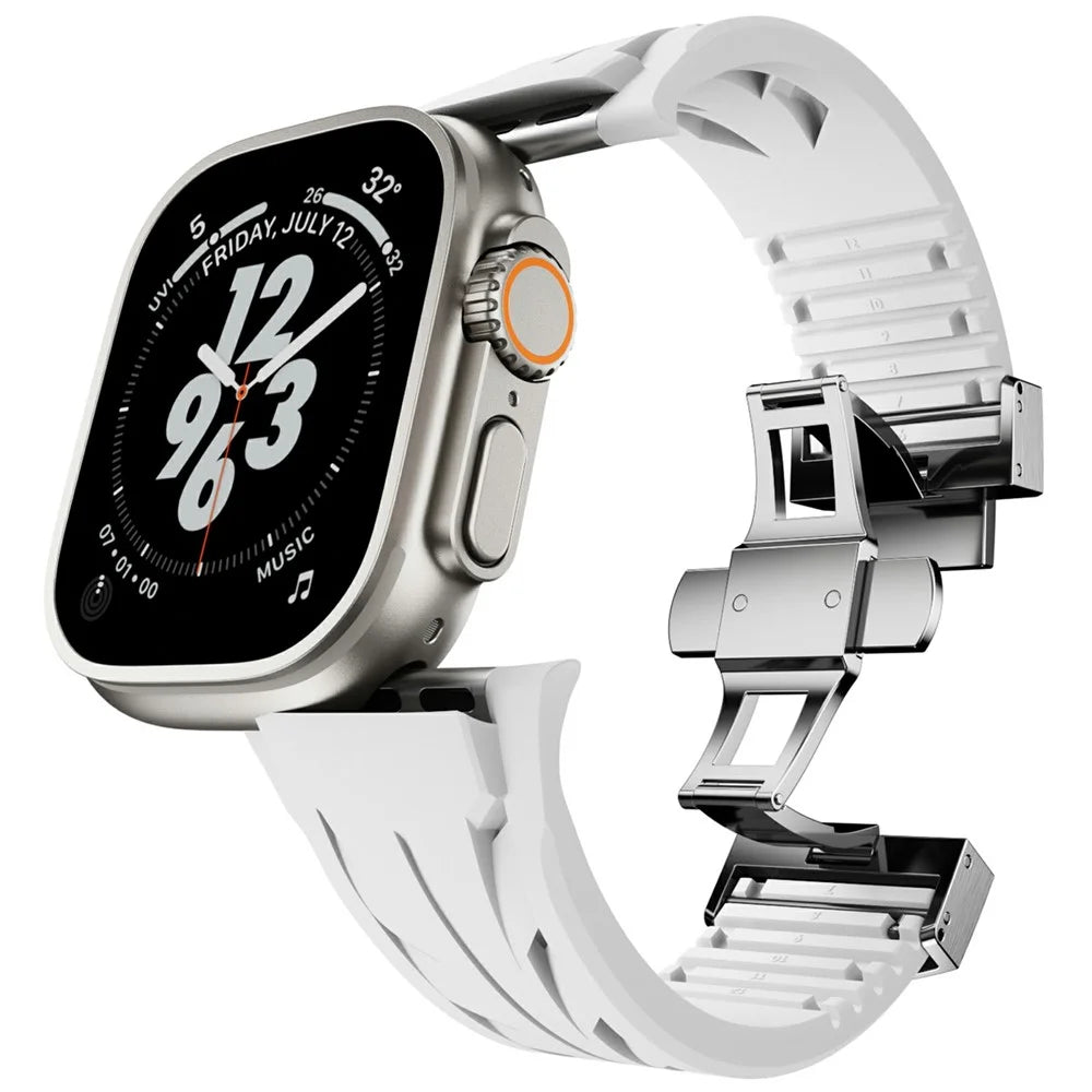 Silicone Band for Apple Watch Ultra 3 2 1 49mm / Series 11 10 46mm / 9 8 7 45mm / SE3 SE2 SE 6 5 4 44mm / 3 2 1 42mm Butterfly Clasp Wrist Strap - White - 3