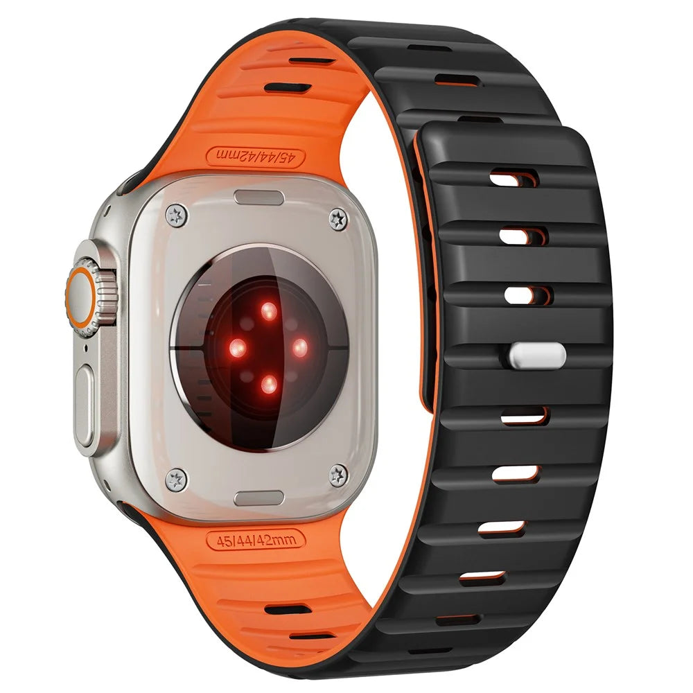 Magnetic Band for Apple Watch Ultra 3 2 1 49mm / Series 11 10 46mm / 9 8 7 45mm / SE3 SE2 SE 6 5 4 44mm / 3 2 1 42mm Silicone Breathable Watch Strap - Black+Orange - 1