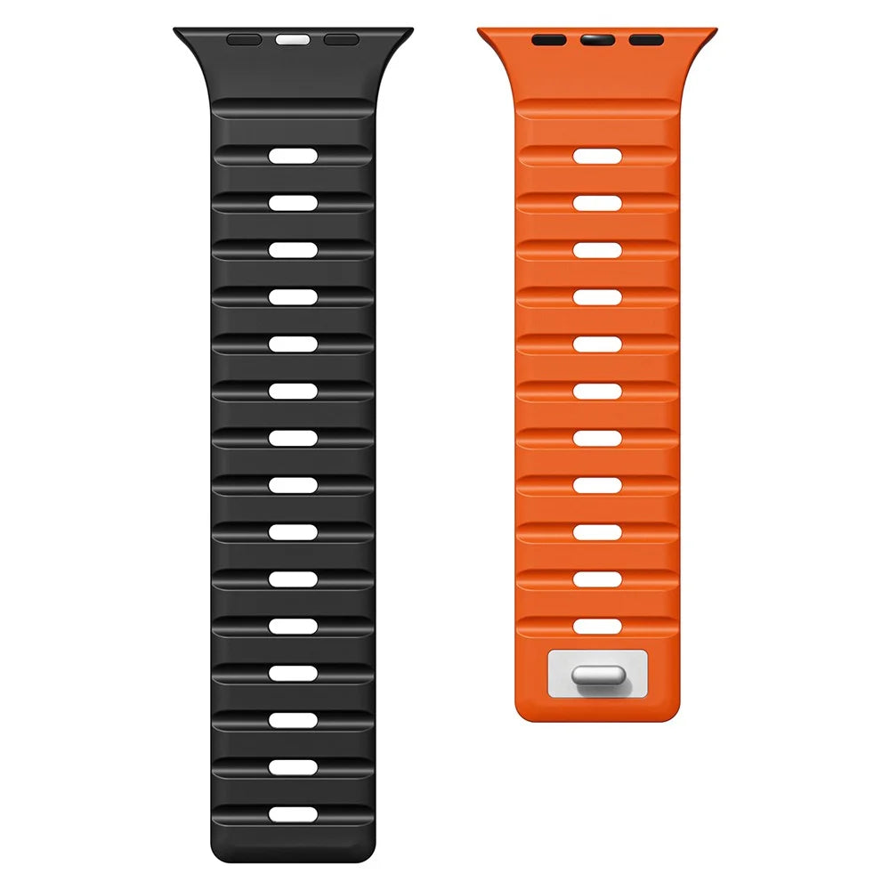 Magnetic Band for Apple Watch Ultra 3 2 1 49mm / Series 11 10 46mm / 9 8 7 45mm / SE3 SE2 SE 6 5 4 44mm / 3 2 1 42mm Silicone Breathable Watch Strap - Black+Orange - 2