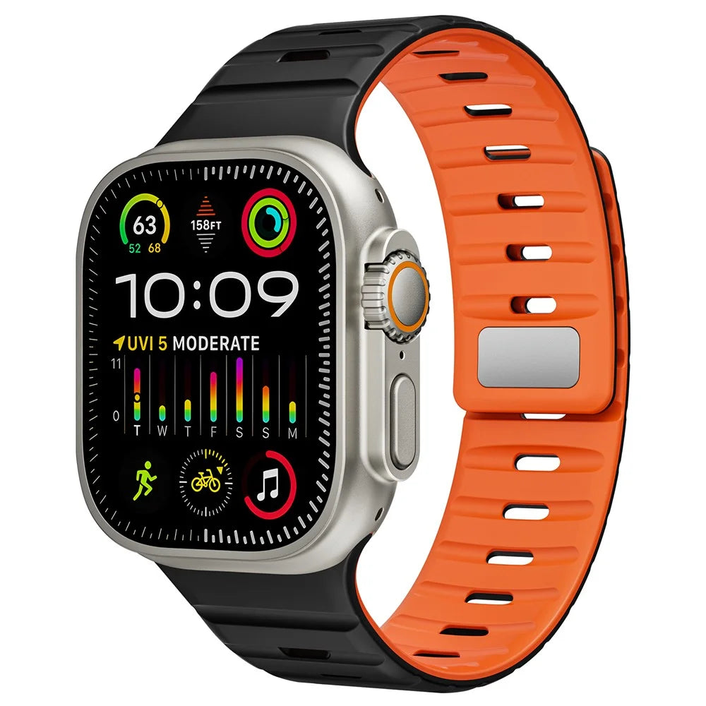 Magnetic Band for Apple Watch Ultra 3 2 1 49mm / Series 11 10 46mm / 9 8 7 45mm / SE3 SE2 SE 6 5 4 44mm / 3 2 1 42mm Silicone Breathable Watch Strap - Black+Orange - 3