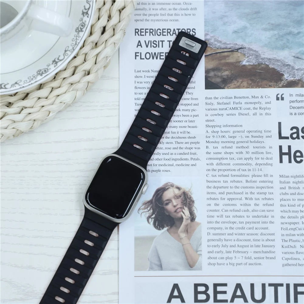 Magnetic Band for Apple Watch Ultra 3 2 1 49mm / Series 11 10 46mm / 9 8 7 45mm / SE3 SE2 SE 6 5 4 44mm / 3 2 1 42mm Silicone Breathable Watch Strap - Black+Orange - 4