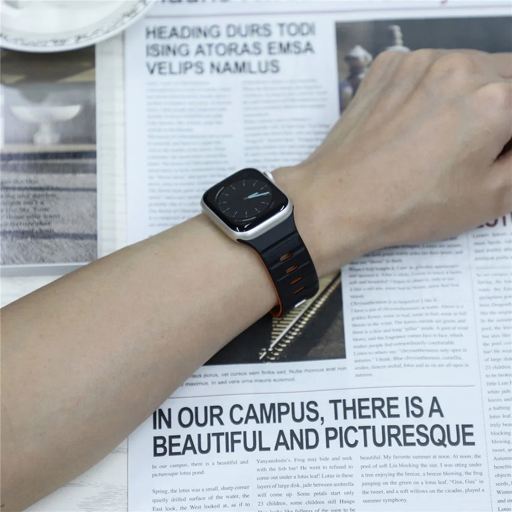 Magnetic Band for Apple Watch Ultra 3 2 1 49mm / Series 11 10 46mm / 9 8 7 45mm / SE3 SE2 SE 6 5 4 44mm / 3 2 1 42mm Silicone Breathable Watch Strap - Black+Orange - 5