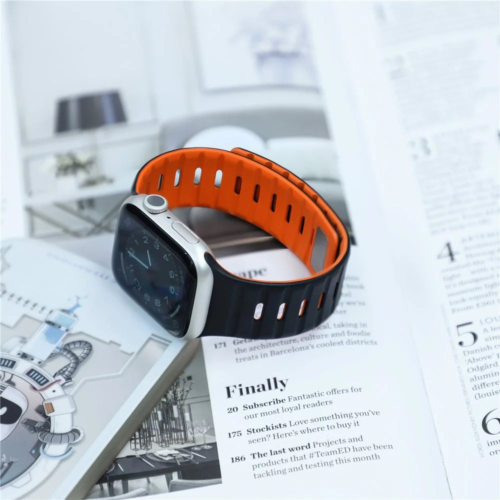 Magnetic Band for Apple Watch Ultra 3 2 1 49mm / Series 11 10 46mm / 9 8 7 45mm / SE3 SE2 SE 6 5 4 44mm / 3 2 1 42mm Silicone Breathable Watch Strap - Black+Orange - 6