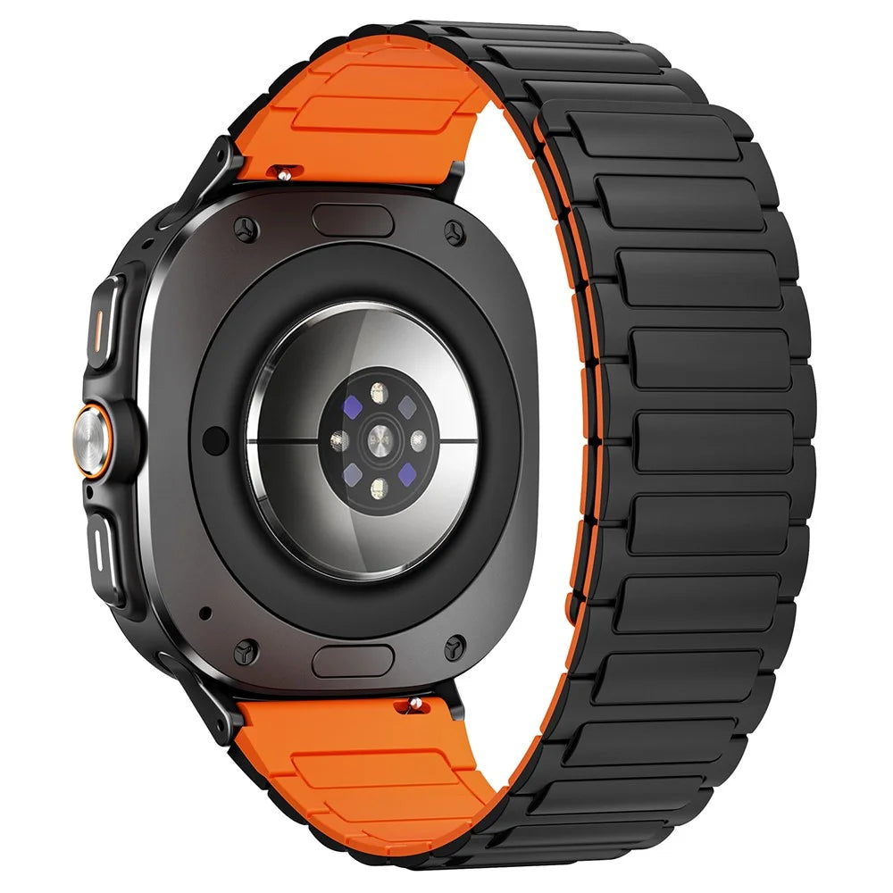 For Samsung Galaxy Watch Ultra2 47mm / Watch Ultra (2025) 47mm / Watch Ultra 47mm Silicone Band Magnetic Sport Band Strap - Black+Orange / Black Connector - 1