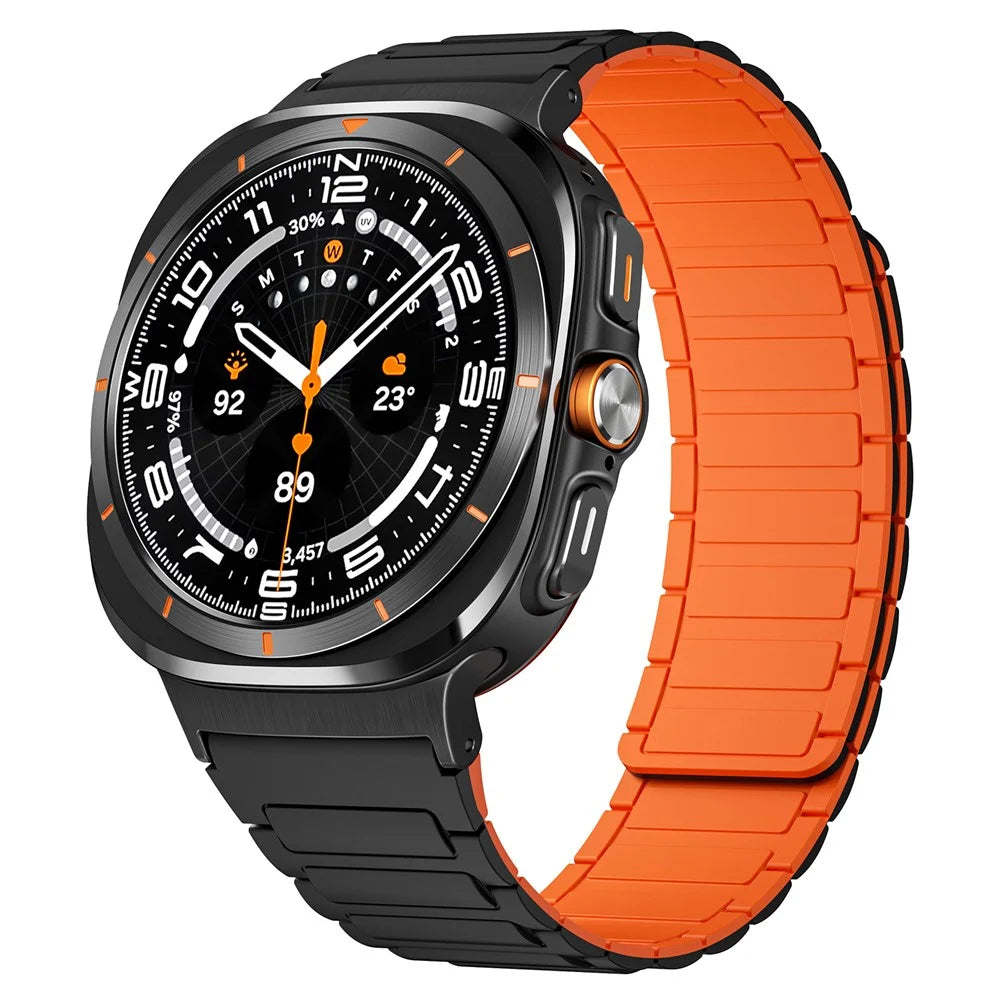 For Samsung Galaxy Watch Ultra2 47mm / Watch Ultra (2025) 47mm / Watch Ultra 47mm Silicone Band Magnetic Sport Band Strap - Black+Orange / Black Connector - 3
