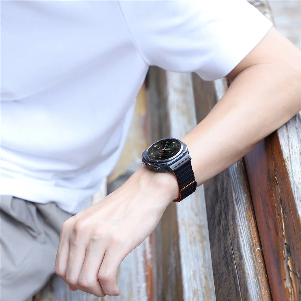 For Samsung Galaxy Watch Ultra2 47mm / Watch Ultra (2025) 47mm / Watch Ultra 47mm Silicone Band Magnetic Sport Band Strap - Black+Orange / Black Connector - 5