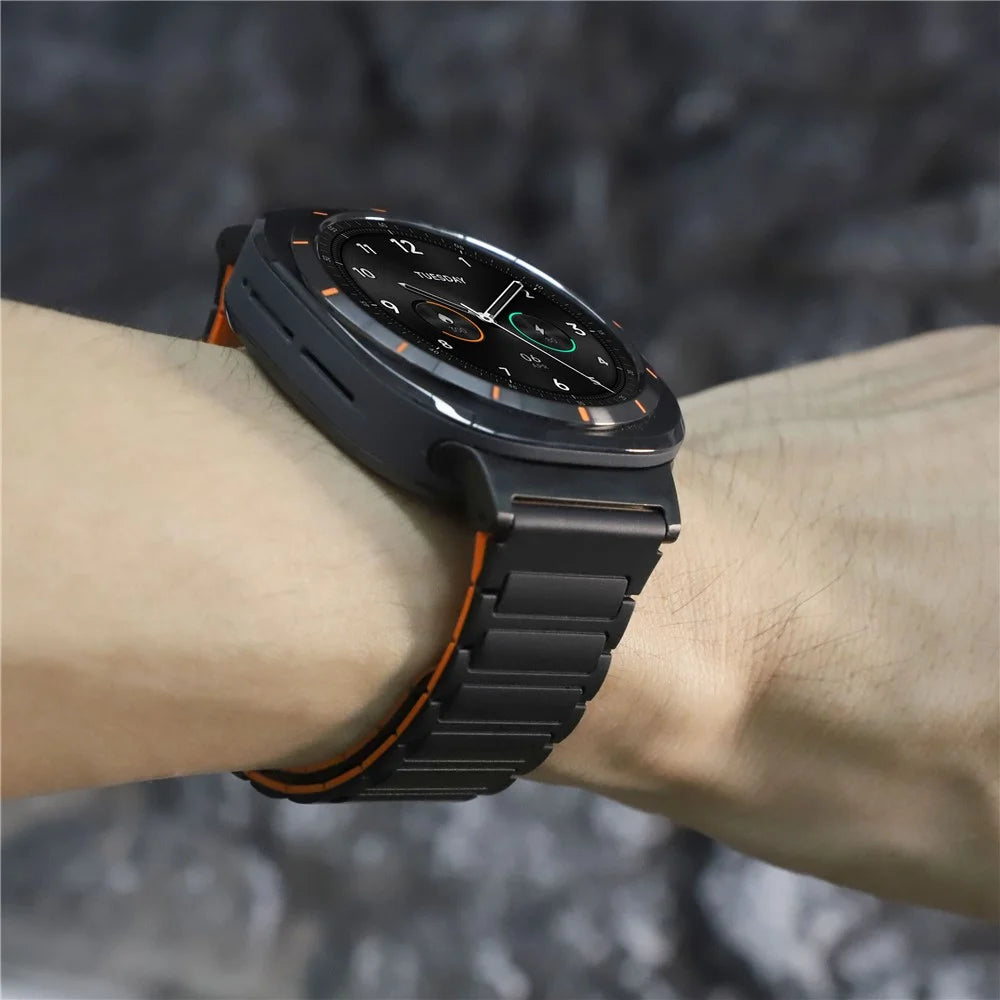 For Samsung Galaxy Watch Ultra2 47mm / Watch Ultra (2025) 47mm / Watch Ultra 47mm Silicone Band Magnetic Sport Band Strap - Black+Orange / Black Connector - 6