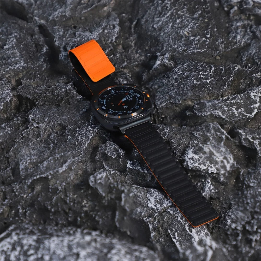 For Samsung Galaxy Watch Ultra2 47mm / Watch Ultra (2025) 47mm / Watch Ultra 47mm Silicone Band Magnetic Sport Band Strap - Black+Orange / Black Connector - 7
