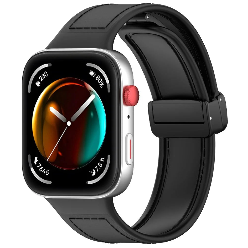For Huawei Watch Fit 3 Watch Band Magnetic Buckle Leather Coated Silicone Strap with Metal Connector - Black - 2
