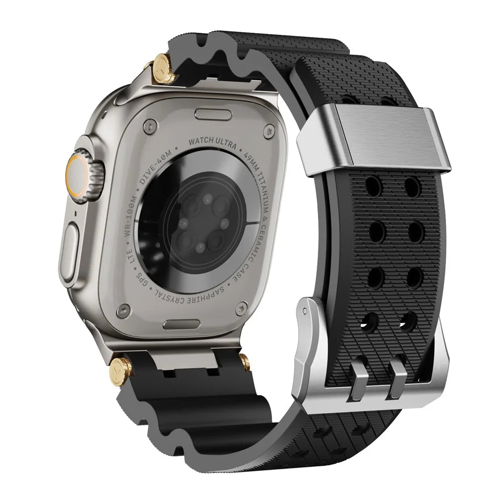 Silicone Strap for Apple Watch Ultra 3 2 1 49mm / Series 11 10 46mm / 9 8 7 45mm / SE3 SE2 SE 6 5 4 44mm / 3 2 1 42mm with Silver Buckle and Connector - Black - 1