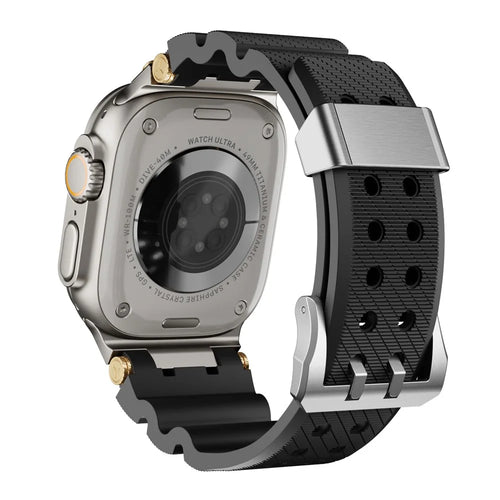 Silicone Strap for Apple Watch Ultra 3 2 1 49mm / Series 11 10 46mm / 9 8 7 45mm / SE3 SE2 SE 6 5 4 44mm / 3 2 1 42mm with Silver Buckle and Connector - Black - 1