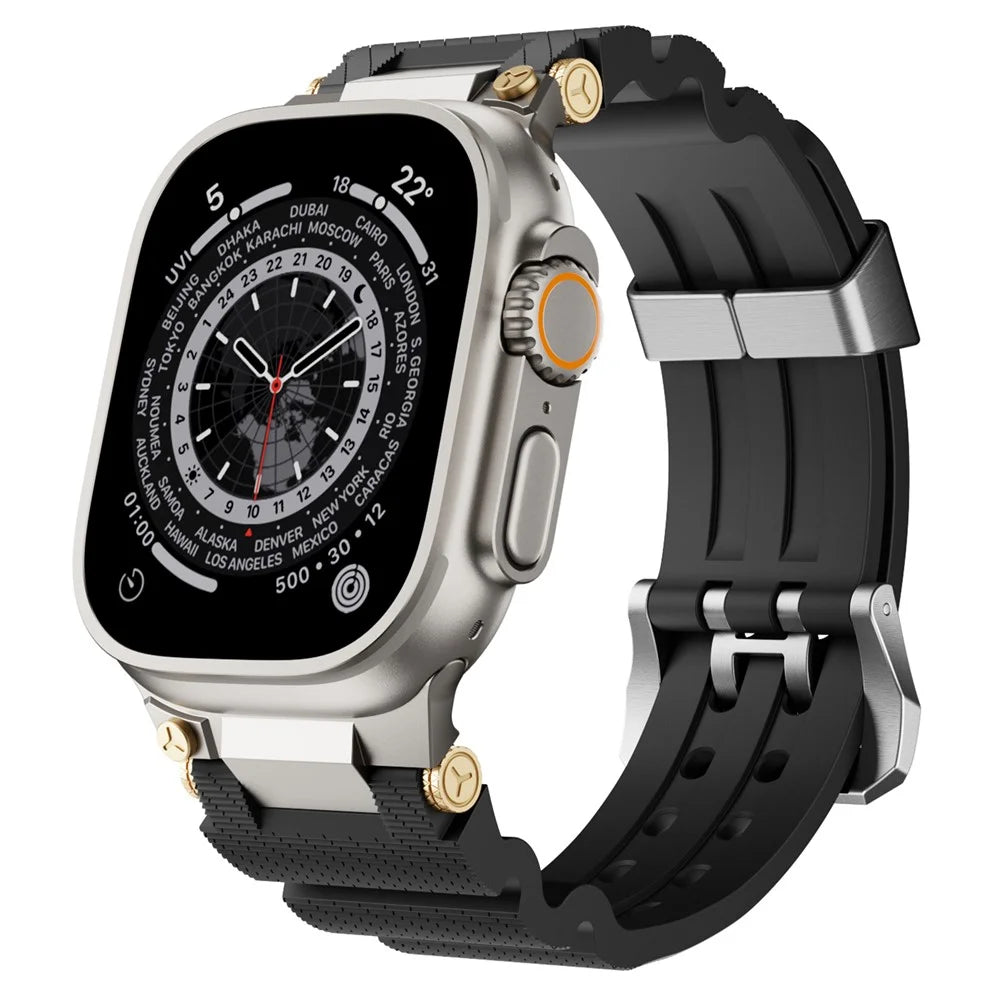 Silicone Strap for Apple Watch Ultra 3 2 1 49mm / Series 11 10 46mm / 9 8 7 45mm / SE3 SE2 SE 6 5 4 44mm / 3 2 1 42mm with Silver Buckle and Connector - Black - 2