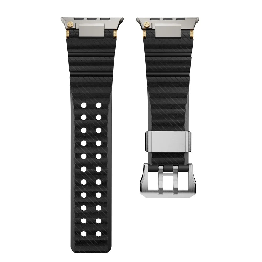 Silicone Strap for Apple Watch Ultra 3 2 1 49mm / Series 11 10 46mm / 9 8 7 45mm / SE3 SE2 SE 6 5 4 44mm / 3 2 1 42mm with Silver Buckle and Connector - Black - 4