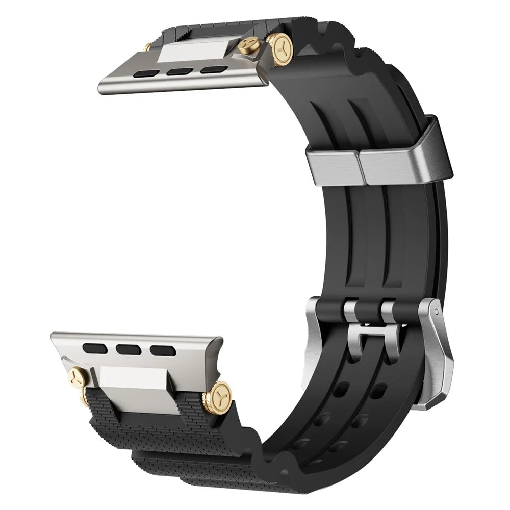 Silicone Strap for Apple Watch Ultra 3 2 1 49mm / Series 11 10 46mm / 9 8 7 45mm / SE3 SE2 SE 6 5 4 44mm / 3 2 1 42mm with Silver Buckle and Connector - Black - 5