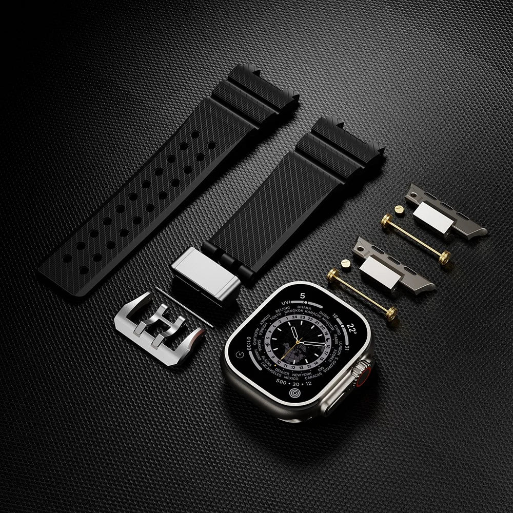 Silicone Strap for Apple Watch Ultra 3 2 1 49mm / Series 11 10 46mm / 9 8 7 45mm / SE3 SE2 SE 6 5 4 44mm / 3 2 1 42mm with Silver Buckle and Connector - Black - 6