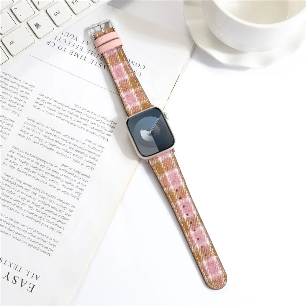 Watchband For Apple Watch Series 11 10 42mm / 9 8 7 41mm / SE3 SE2 SE 6 5 4 40mm / 3 2 1 38mm Wool Fabric Grid Watch Strap - Grid Pink - 4