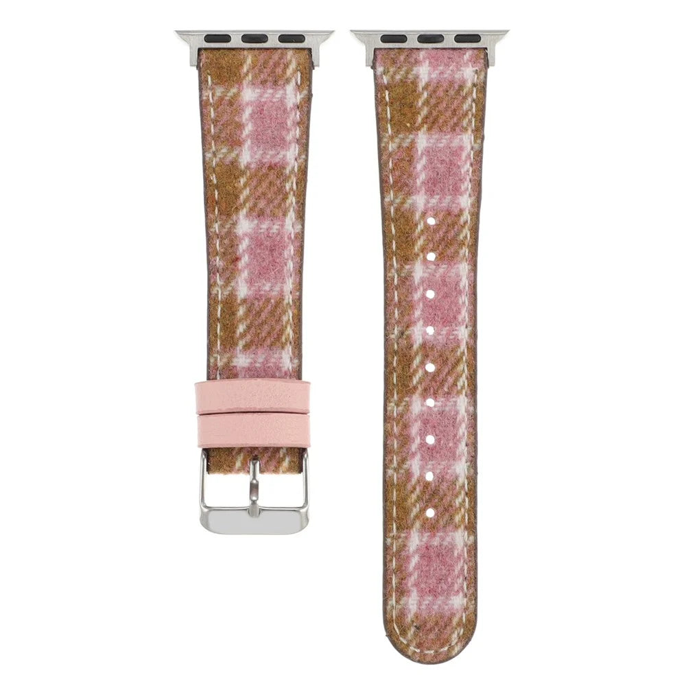 Watchband For Apple Watch Ultra 3 2 1 49mm / Series 11 10 46mm / 9 8 7 45mm / SE3 SE2 SE 6 5 4 44mm / 3 2 1 42mm Wool Fabric Grid Watch Strap - Grid Pink - 2