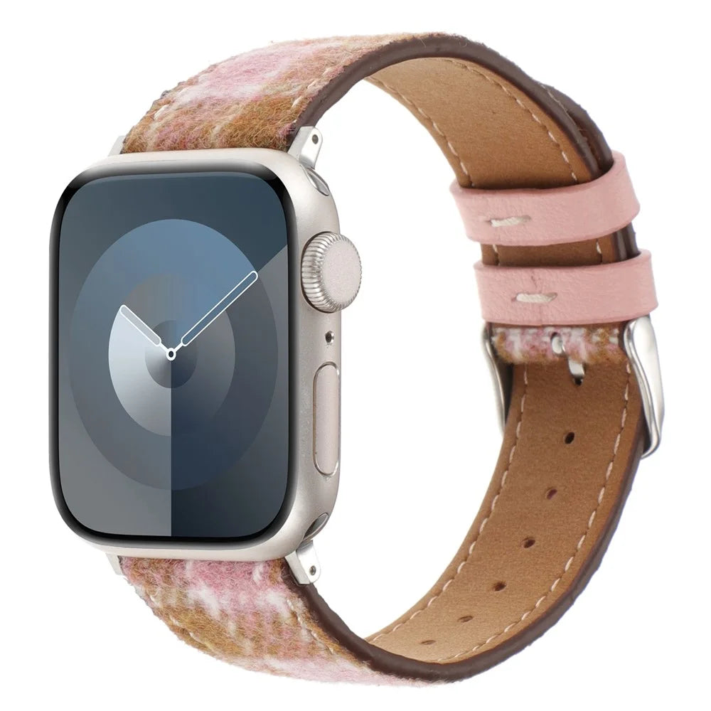 Watchband For Apple Watch Ultra 3 2 1 49mm / Series 11 10 46mm / 9 8 7 45mm / SE3 SE2 SE 6 5 4 44mm / 3 2 1 42mm Wool Fabric Grid Watch Strap - Grid Pink - 3