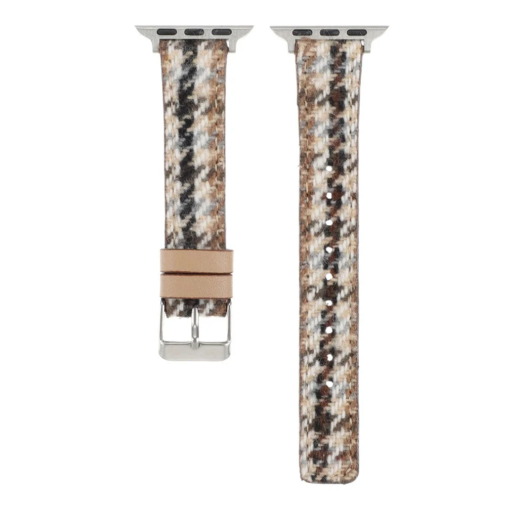 Watch Strap For Apple Watch Series 11 10 42mm / 9 8 7 41mm / SE3 SE2 SE 6 5 4 40mm / 3 2 1 38mm Grid Leather Wool Watchband - White Brown - 2