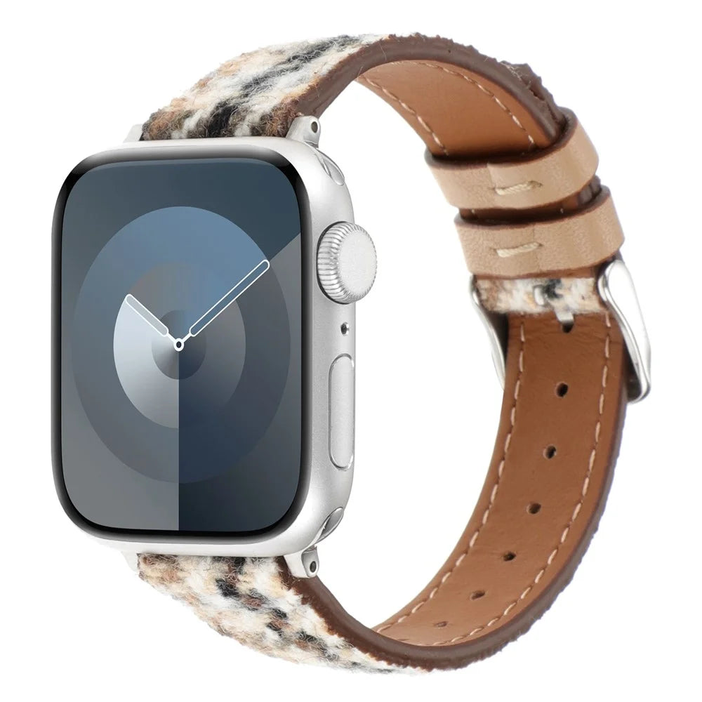 Watch Strap For Apple Watch Series 11 10 42mm / 9 8 7 41mm / SE3 SE2 SE 6 5 4 40mm / 3 2 1 38mm Grid Leather Wool Watchband - White Brown - 3