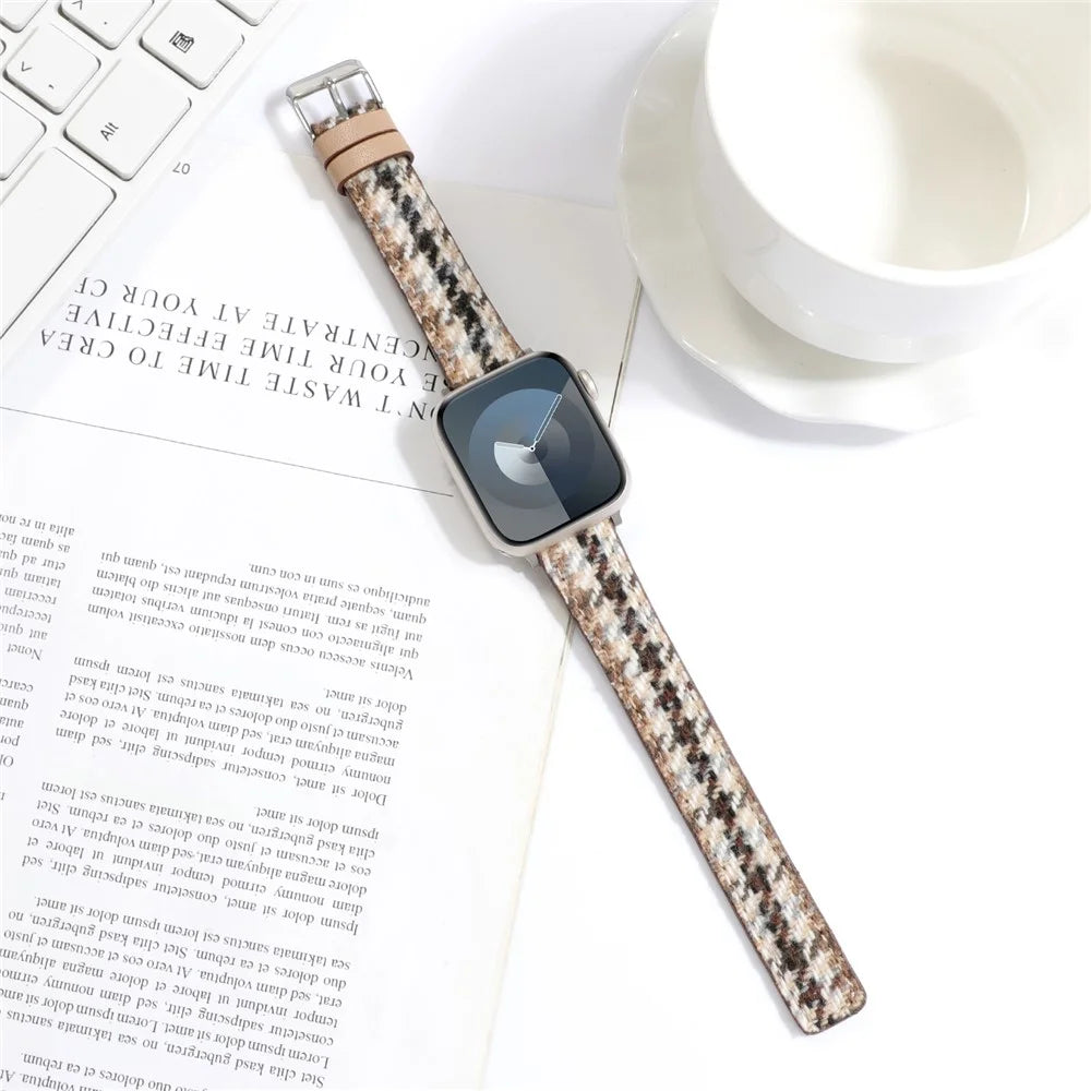 Watch Strap For Apple Watch Series 11 10 42mm / 9 8 7 41mm / SE3 SE2 SE 6 5 4 40mm / 3 2 1 38mm Grid Leather Wool Watchband - White Brown - 4
