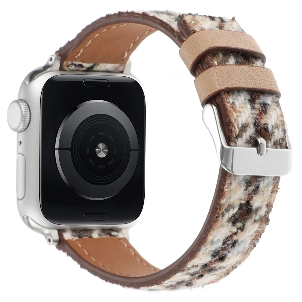 Watch Strap For Apple Watch Ultra 3 2 1 49mm / Series 11 10 46mm / 9 8 7 45mm / SE3 SE2 SE 6 5 4 44mm / 3 2 1 42mm Grid Leather Wool Watchband - White Brown - 1