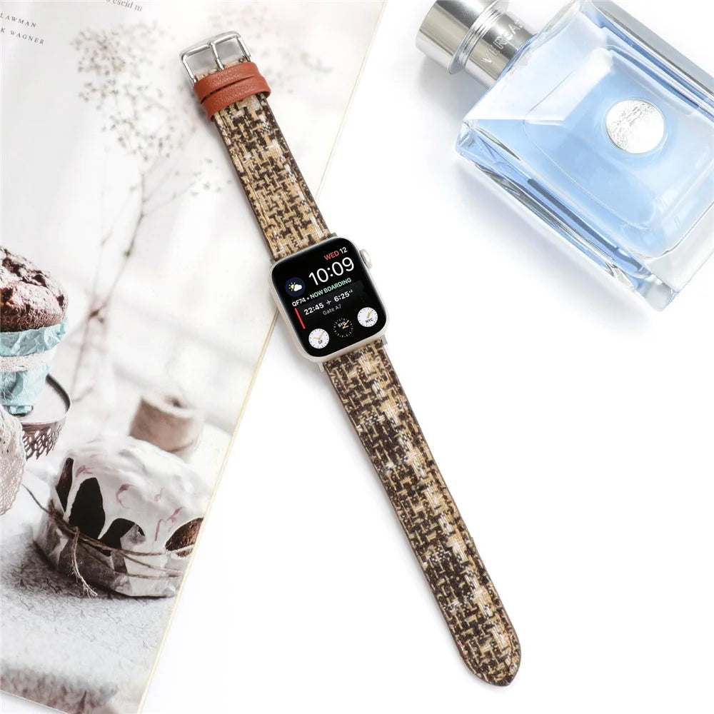 Plaid Texture Wool+Leather Strap for Apple Watch Ultra 3 2 1 49mm / Series 11 10 46mm / 9 8 7 45mm / SE3 SE2 SE 6 5 4 44mm / 3 2 1 42mm - Coffee - 4