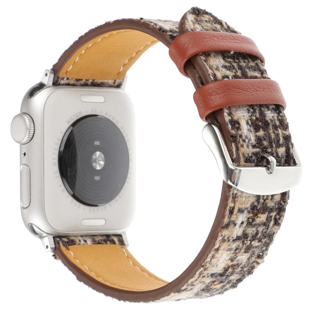 Plaid Texture Wool+Leather Strap for Apple Watch Series 11 10 42mm / 9 8 7 41mm / SE3 SE2 SE 6 5 4 40mm / 3 2 1 38mm - Coffee - 1