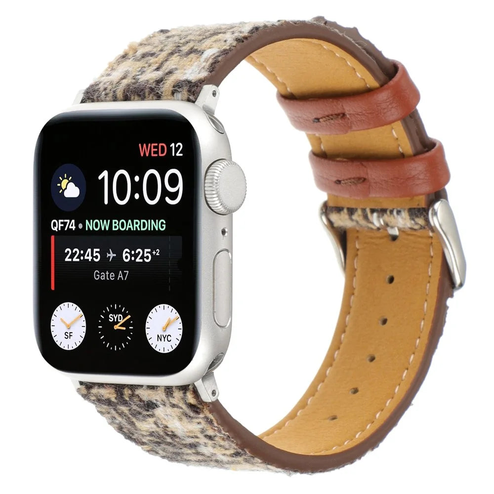 Plaid Texture Wool+Leather Strap for Apple Watch Series 11 10 42mm / 9 8 7 41mm / SE3 SE2 SE 6 5 4 40mm / 3 2 1 38mm - Coffee - 3