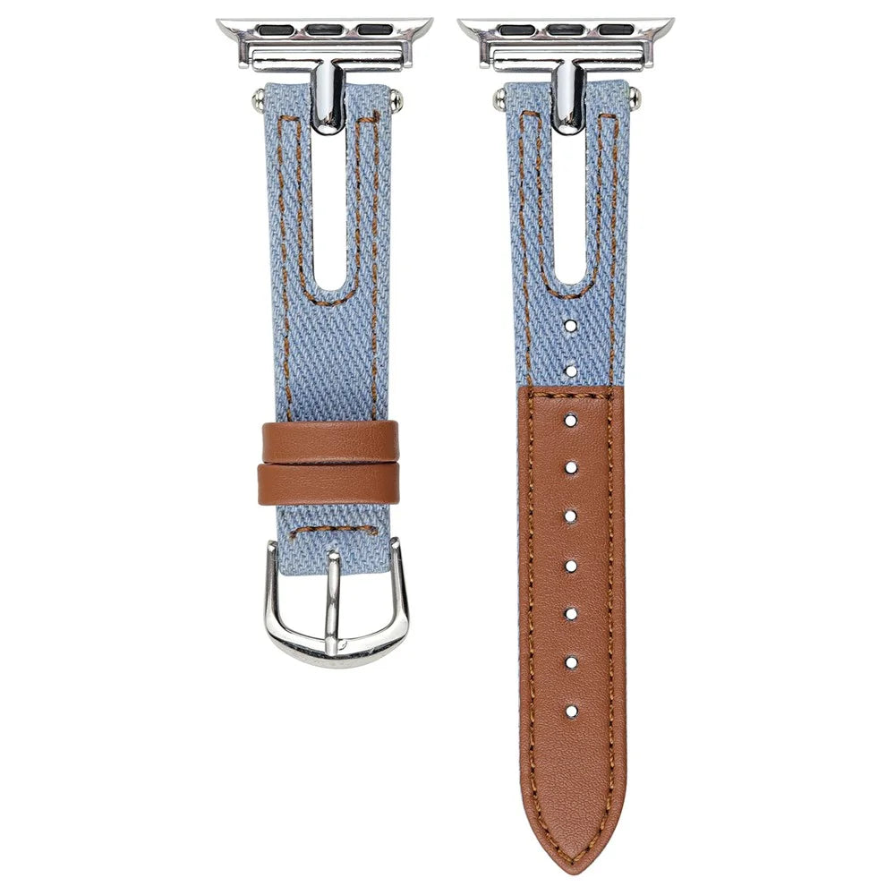 Denim+Leather Watch Strap for Apple Watch Series 11 10 42mm / 9 8 7 41mm / SE3 SE2 SE 6 5 4 40mm / 3 2 1 38mm - Light Blue+Brown - 1