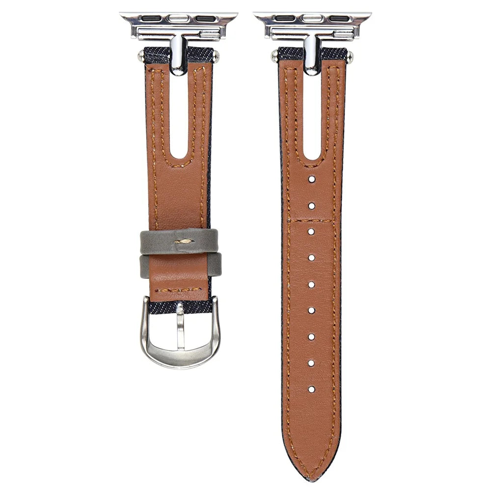 Denim+Leather Watch Strap for Apple Watch Series 11 10 42mm / 9 8 7 41mm / SE3 SE2 SE 6 5 4 40mm / 3 2 1 38mm - Light Blue+Brown - 2
