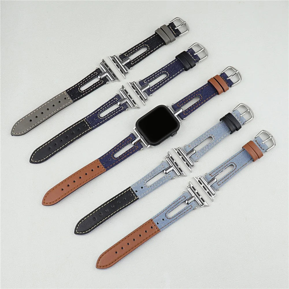 Denim+Leather Watch Strap for Apple Watch Series 11 10 42mm / 9 8 7 41mm / SE3 SE2 SE 6 5 4 40mm / 3 2 1 38mm - Light Blue+Brown - 3