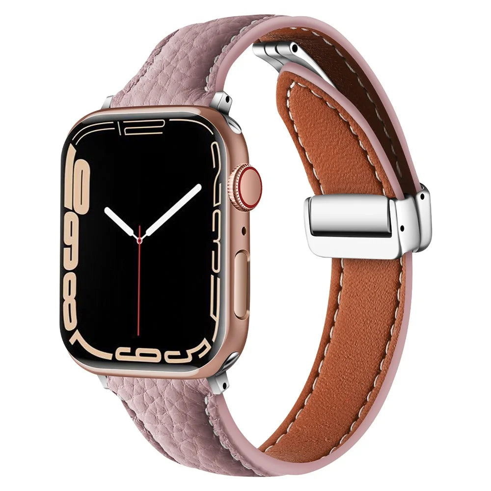 Leather Watch Band For Apple Watch Ultra 3 2 1 49mm / Series 11 10 46mm / 9 8 7 45mm / SE3 SE2 SE 6 5 4 44mm / 3 2 1 42mm Litchi Texture Strap with Folding Buckle - Purple - 2