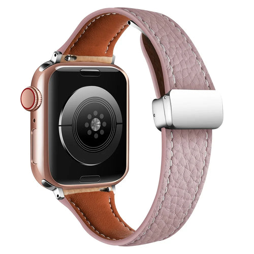 Leather Watch Band For Apple Watch Series 11 10 42mm / 9 8 7 41mm / SE3 SE2 SE 6 5 4 40mm / 3 2 1 38mm Litchi Texture Strap with Folding Buckle - Purple - 1