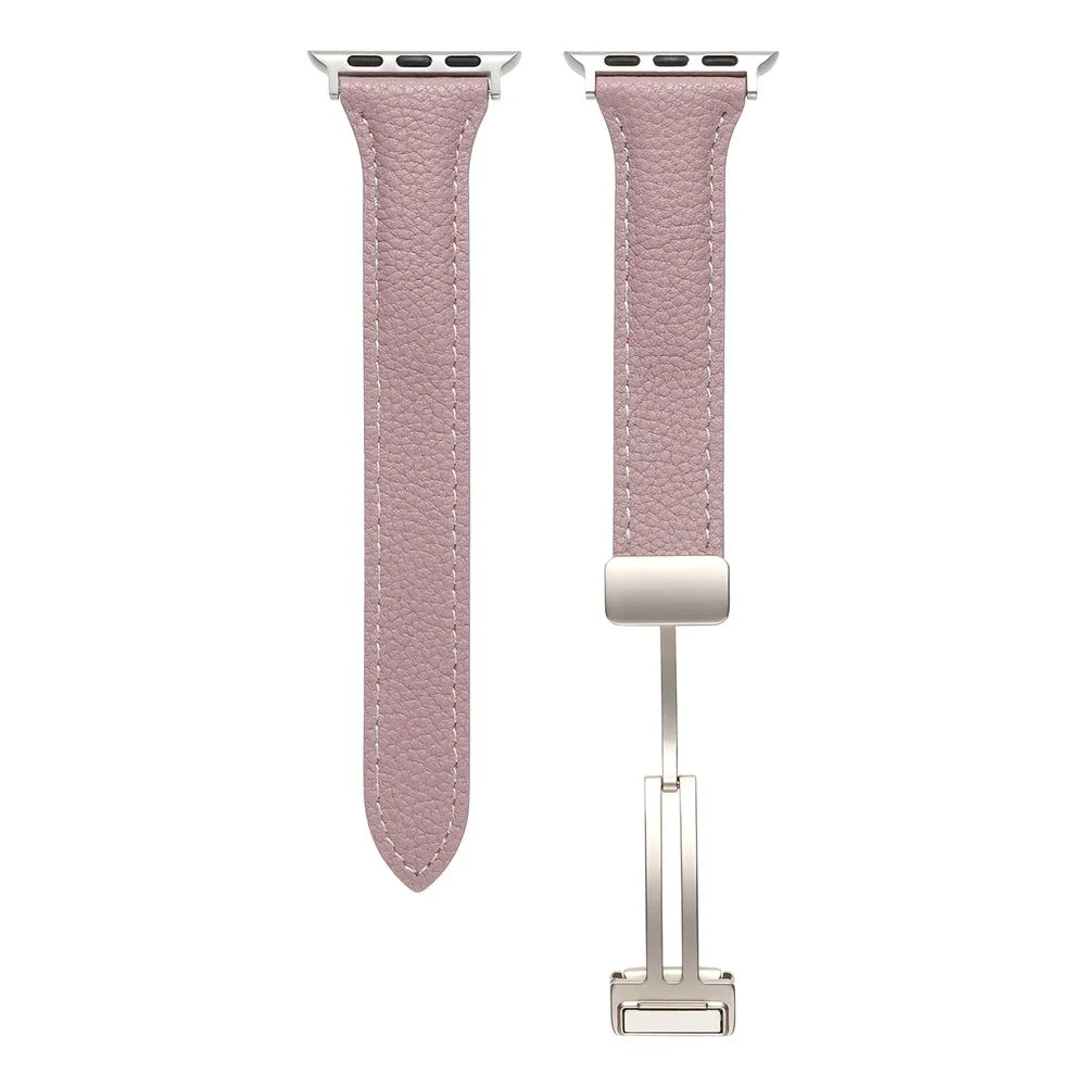 Leather Watch Band For Apple Watch Series 11 10 42mm / 9 8 7 41mm / SE3 SE2 SE 6 5 4 40mm / 3 2 1 38mm Litchi Texture Strap with Folding Buckle - Purple - 3