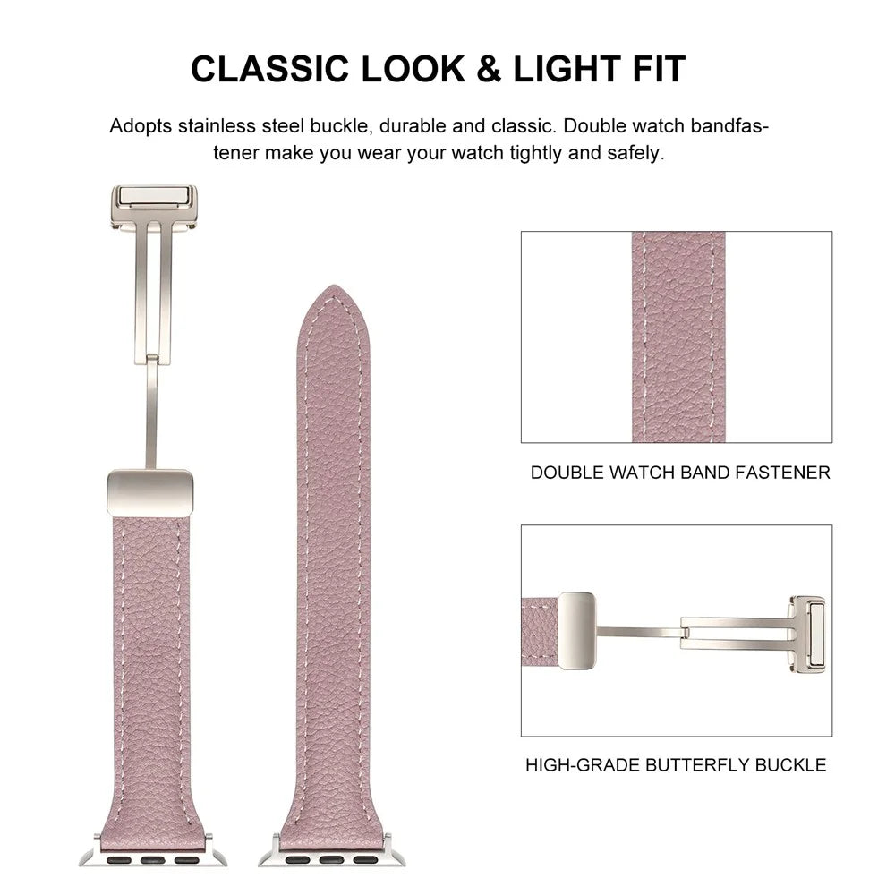 Leather Watch Band For Apple Watch Series 11 10 42mm / 9 8 7 41mm / SE3 SE2 SE 6 5 4 40mm / 3 2 1 38mm Litchi Texture Strap with Folding Buckle - Purple - 5